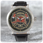 Firefighter ADD NAME Fire Station Department Badge Watch<br><div class="desc">Firefighter NAME Fireman Fire Department - Emblem with Red Helmet and Axe. Customize with your Name,  Station/Dept Number and location.</div>