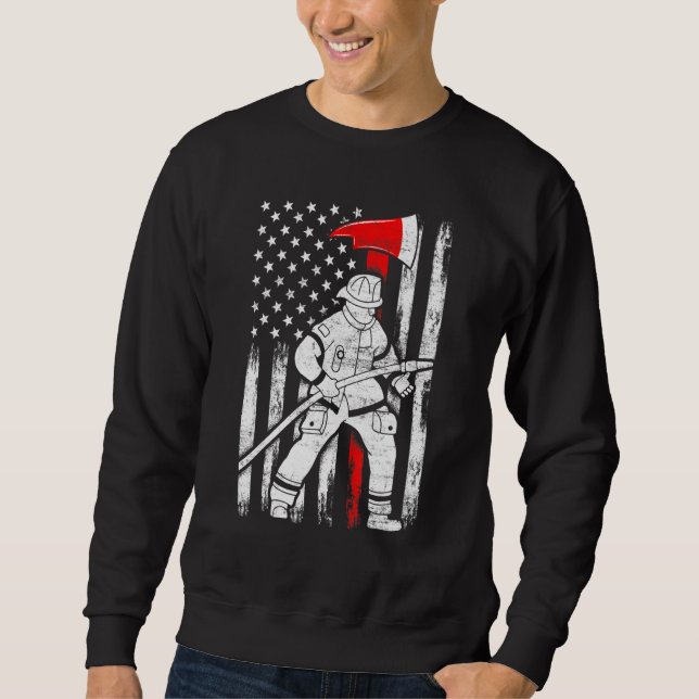 Firefighter American Flag Patriotic US Fireman 4th Sweatshirt (Front)