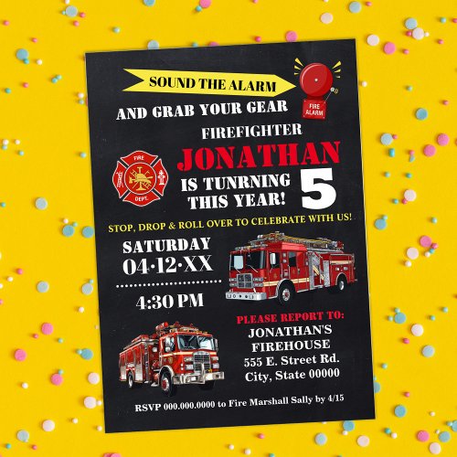 Firefighter Any Age Birthday Firetruck Invitation
