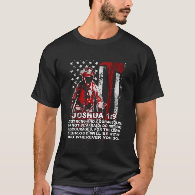 Firefighter Axe Thin Red Line Us Flag Joshua 19 Ch T-Shirt (Front)