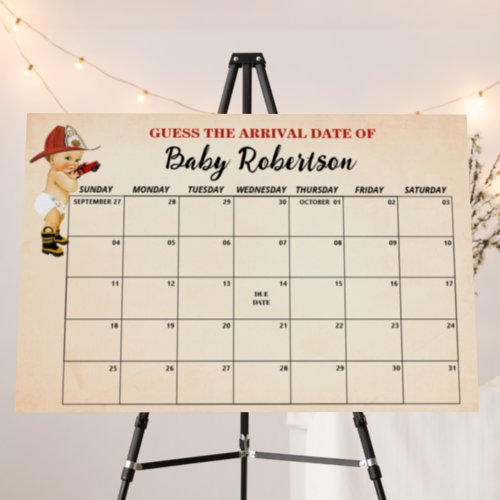 Firefighter Baby Shower Guess Due Date Calendar Foam Board