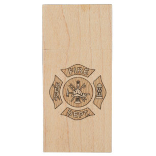 Firefighter Badge Wood USB Flash Drive