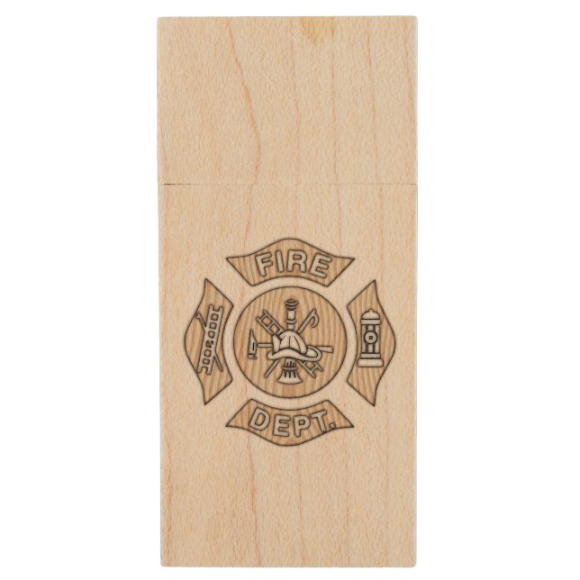 Firefighter Badge Wood USB Flash Drive (Front Vertical)