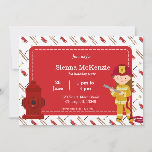 Firefighter birthday girl invitation