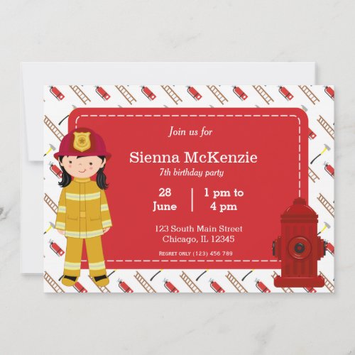 Firefighter birthday girl invitation