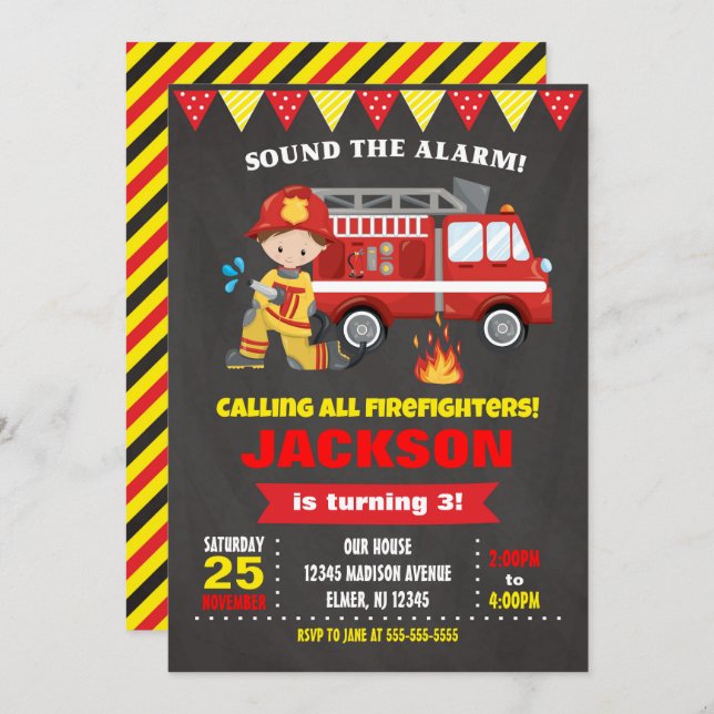 Firefighter Birthday Invitation Chalkboard (Front/Back)
