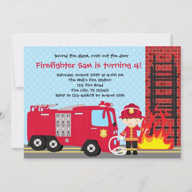 Firefighter Birthday Invitation Fireman Truck Boy (Front)