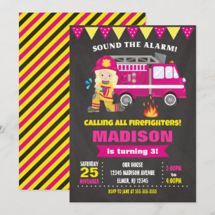 Firefighter Birthday Invitation Girl Pink