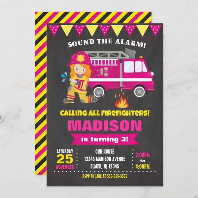 Firefighter Birthday Invitation Girl Pink (Front/Back)