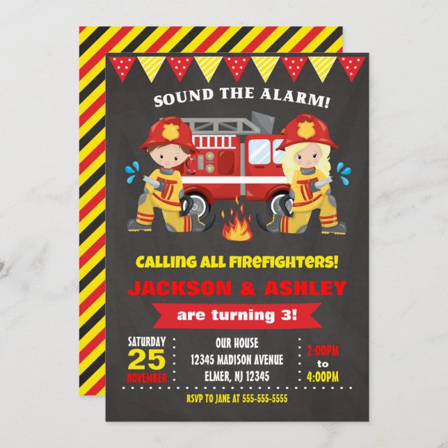 Firefighter Birthday Invitation Joint Girl Boy (Front/Back)