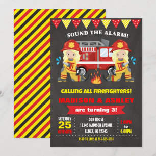 Firefighter Birthday Invitation Joint Girls Twins