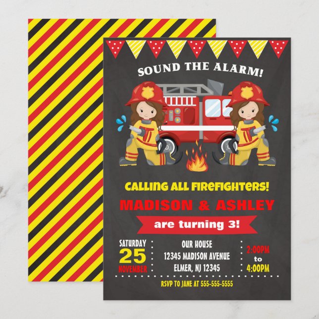 Firefighter Birthday Invitation Joint Girls Twins (Front/Back)