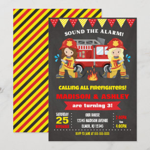 Firefighter Birthday Invitation Joint Girls Twins
