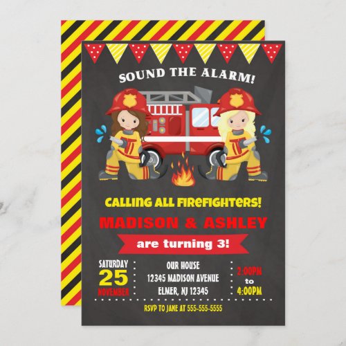 Firefighter Birthday Invitation Joint Girls Twins