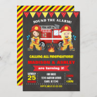 Firefighter Birthday Invitation Joint Girls Twins