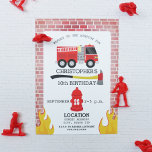 Firefighter Birthday Party Invitation<br><div class="desc">A fireman themed birthday party invitation featuring an illustration of a firetruck,  flames,  axe,  and fire hydrant.  Background on front and back is brick.  Personalize the text with details of your occasion.  Coordinating postage,  stickers,  and more are available at Jill's Paperie.</div>