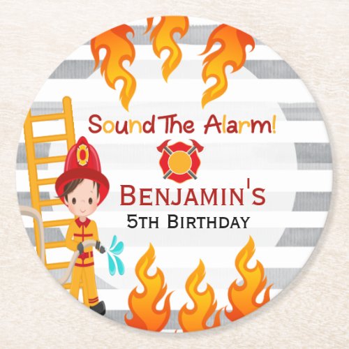 Firefighter Boys Birthday   Round Paper Coaster