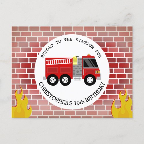 Firefighter Bricks Firetruck Flames Birthday Invitation Postcard