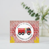 Firefighter Bricks Firetruck Flames Birthday Invitation Postcard (Standing Front)