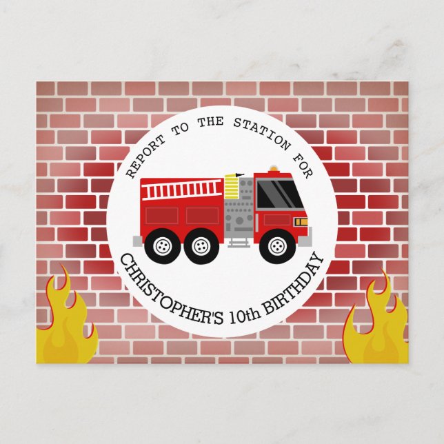 Firefighter Bricks Firetruck Flames Birthday Invitation Postcard (Front)