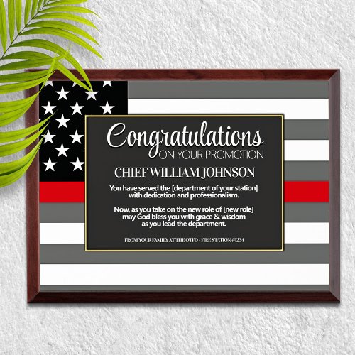 Firefighter Career Promotion Thin Red Line Flag Award Plaque