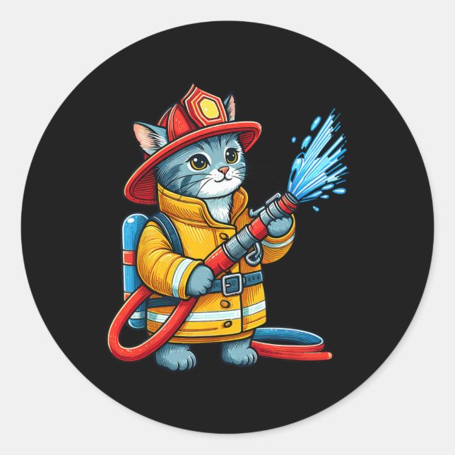 Firefighter Cat Fireman Animal Lover Cat  Classic Round Sticker (Front)