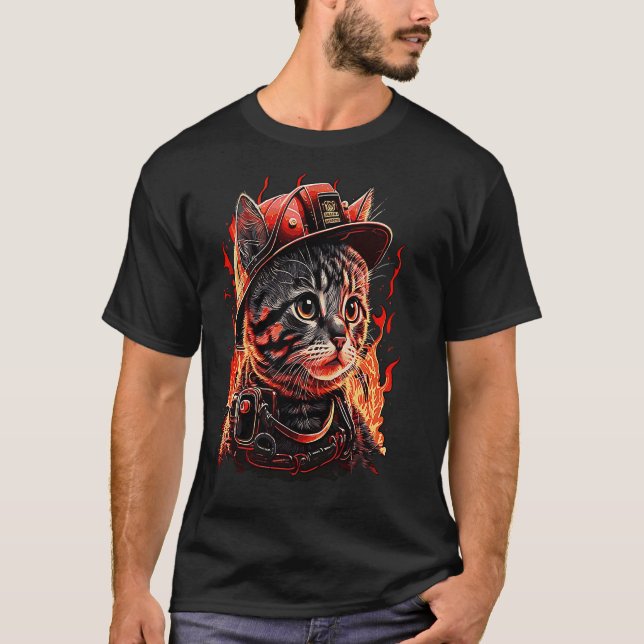 Firefighter Cat Kitten Fireman Helmet Firefighter  T-Shirt (Front)