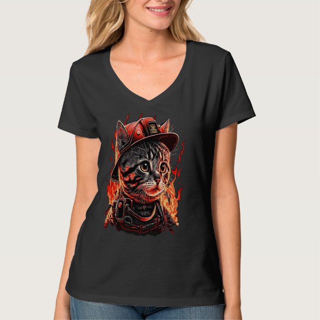 Firefighter Cat Kitten Fireman Helmet Firefighter  T-Shirt (Front)