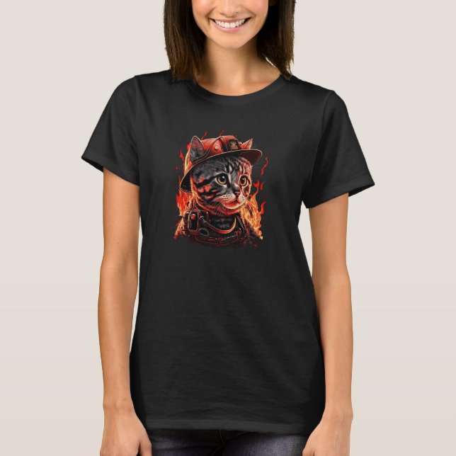 Firefighter Cat Kitten Fireman Helmet Firefighter  T-Shirt (Front)