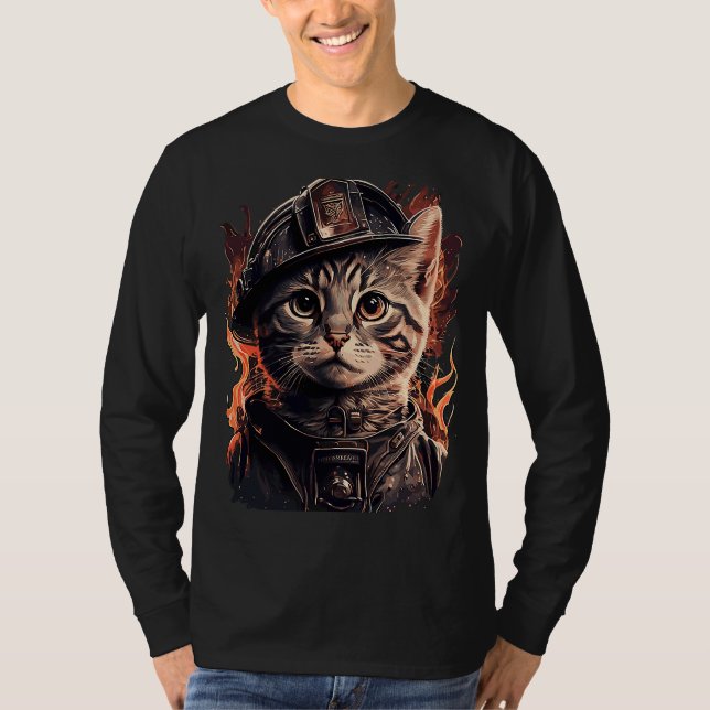 Firefighter Cat Kitten Fireman Helmet Firefighter  T-Shirt (Front)