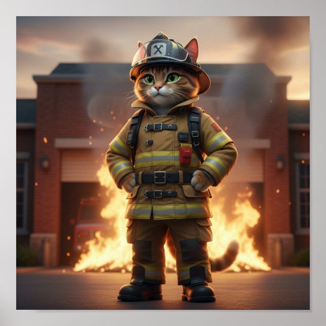 Firefighter Cat Poster – 3D Hero Cat Wall Art (Front)