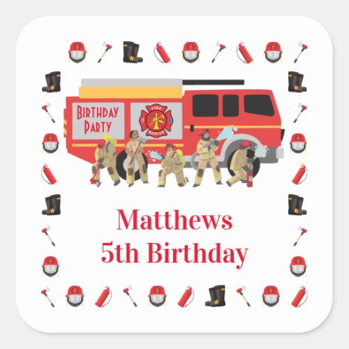 Firefighter Child Birthday Party Square Sticker