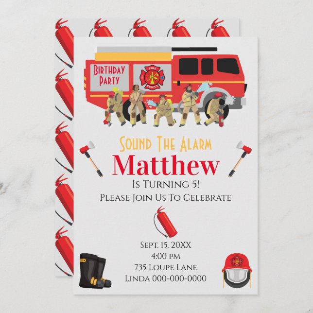 Firefighter Child Birthday Party Theme Design Invitation (Front/Back)