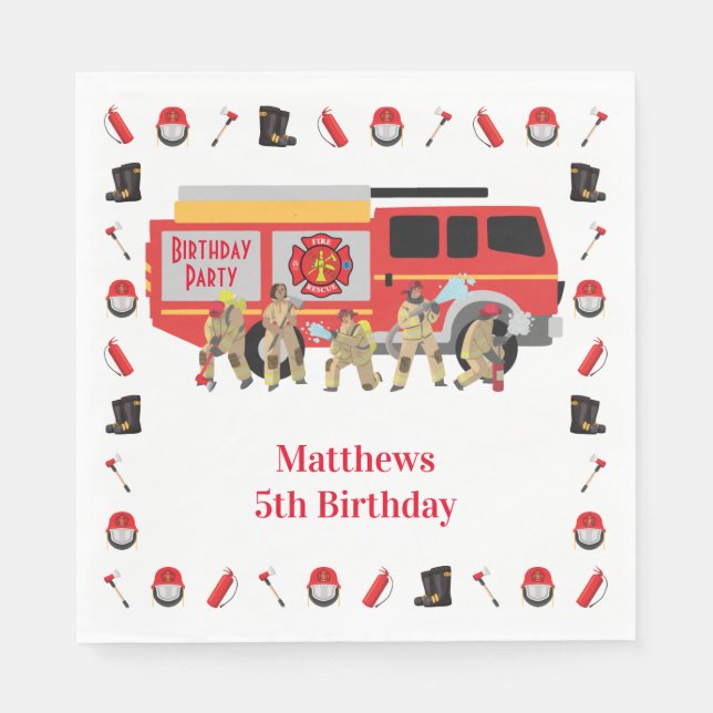 Firefighter Child Birthday Party Theme Design Napkins (Front)