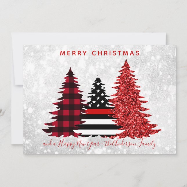 Firefighter Christmas Red Line Plaid Glitter Tree Holiday Card (Front)