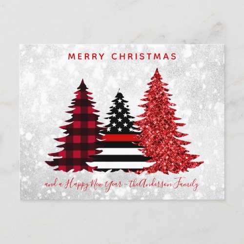 Firefighter Christmas Red Line Plaid Glitter Tree Holiday Postcard