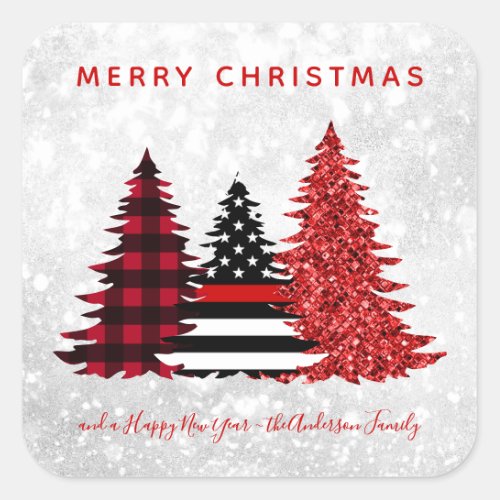 Firefighter Christmas Red Line Plaid Glitter Tree Square Sticker