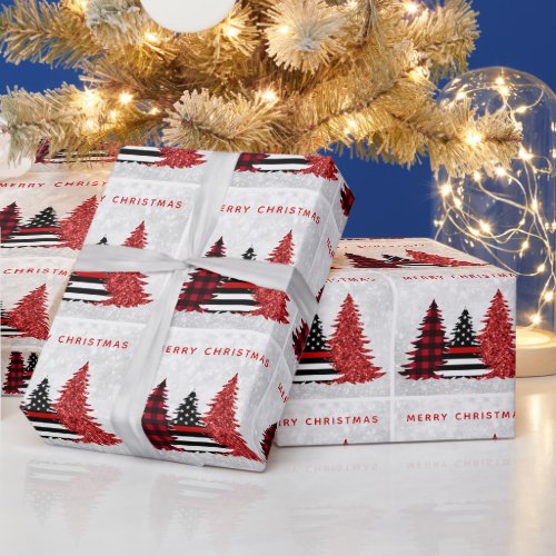 Firefighter Christmas Red Line Plaid Glitter Tree  Wrapping Paper