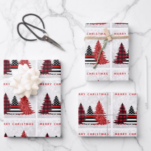 Firefighter Christmas Red Line Plaid Glitter Tree Wrapping Paper Sheets