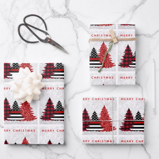 Firefighter Christmas Red Line Plaid Glitter Tree Wrapping Paper Sheets (Front)