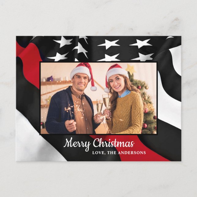 Firefighter Christmas Thin Red Line American Flag Holiday Postcard (Front)