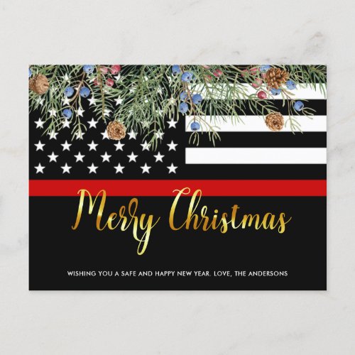Firefighter Christmas Thin Red Line Fireman Flag Holiday Postcard