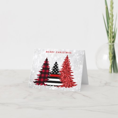 Firefighter Christmas Tree Red Line Glitter Plaid Holiday Card