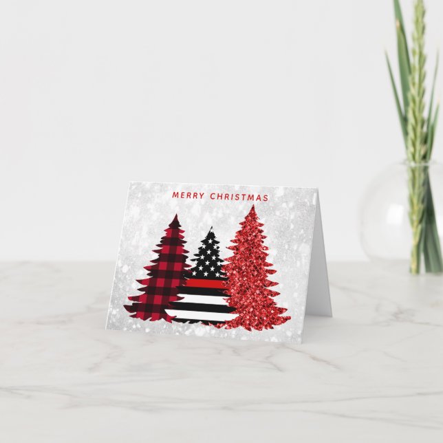 Firefighter Christmas Tree Red Line Glitter Plaid Holiday Card (Front)