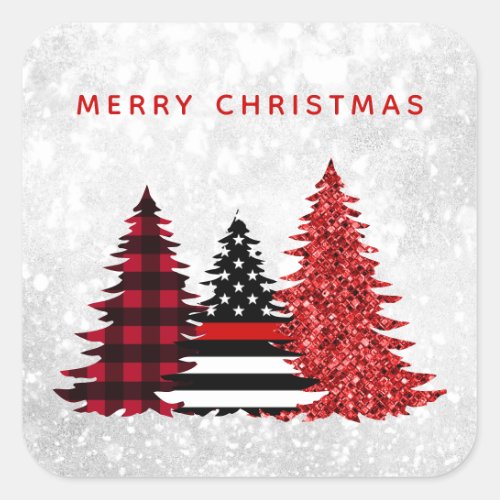 Firefighter Christmas Tree Red Line Plaid Glitter  Square Sticker