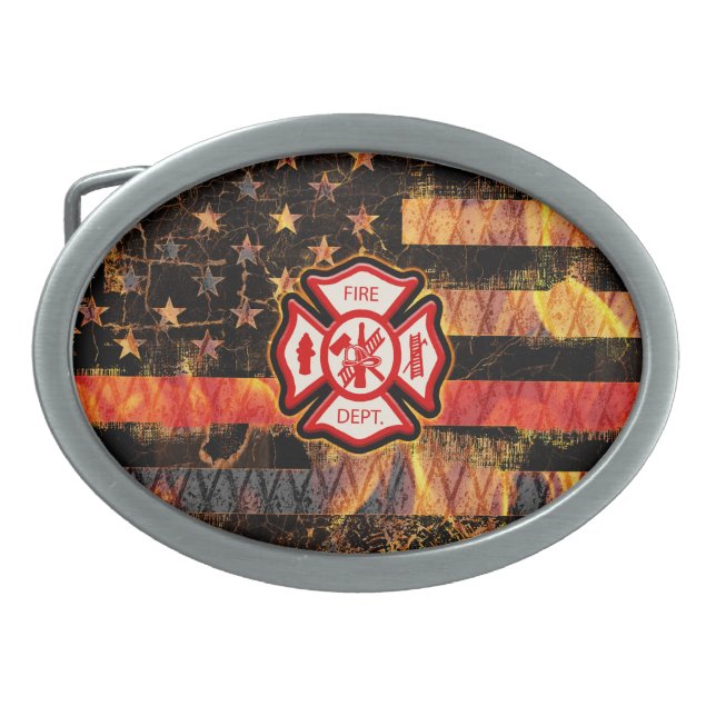 Firefighter Cross and Flames Belt Buckle (Front)