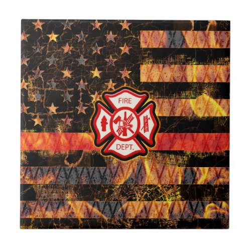 Firefighter Cross and Flames Ceramic Tile