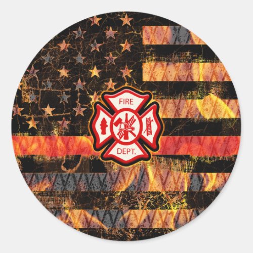 Firefighter Cross and Flames Classic Round Sticker