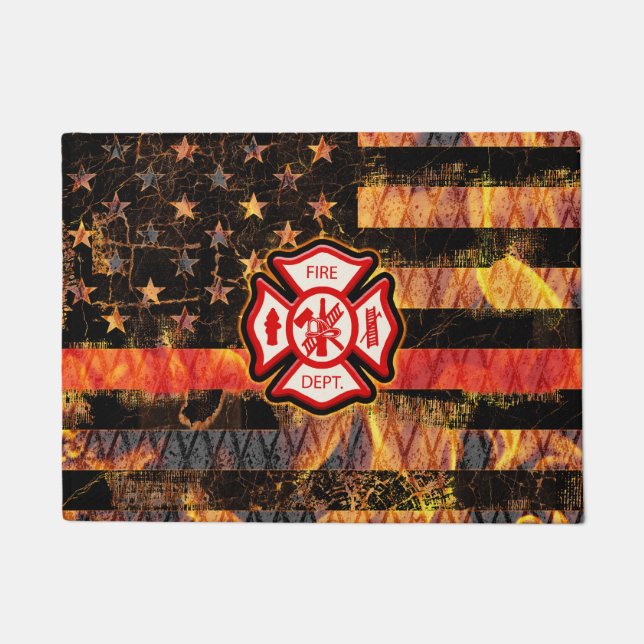 Firefighter Cross and Flames Doormat (Front)