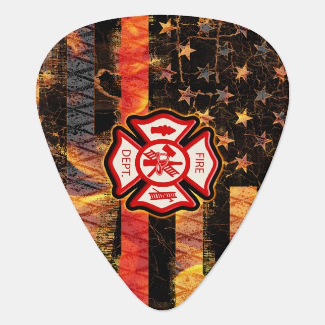 Firefighter Cross and Flames Guitar Pick (Front)